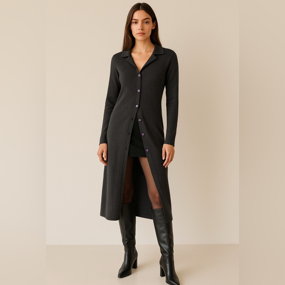 Long Black Button-Front Ribbed Cardigan Sweater